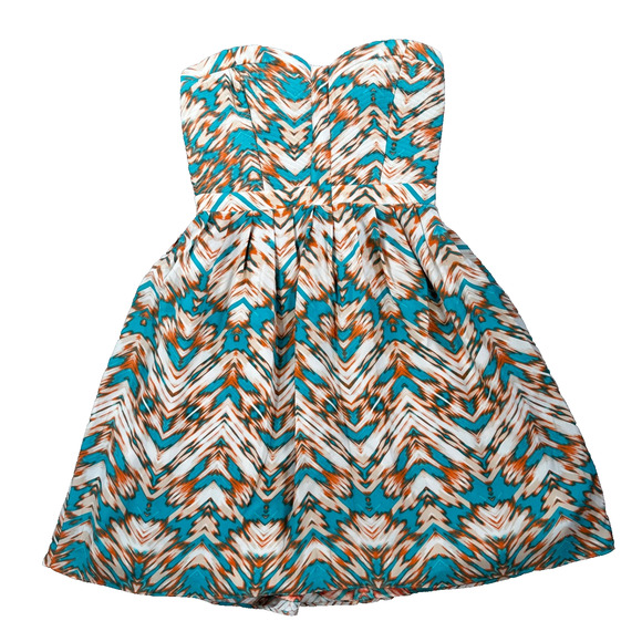 Parker Strapless Dress Women's medium Blue/Orange Silk Sweetheart Neck Flare - Picture 1 of 8